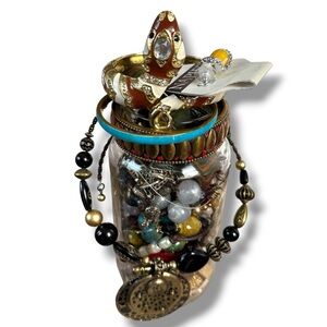 Colorful mystery Jewelry Jar red blue gold silver tone boho western natural